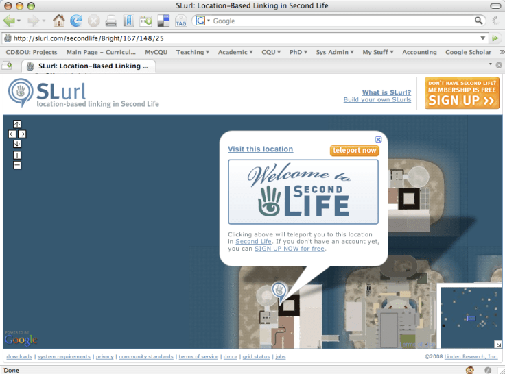 slurl page showing the "teleport now" button